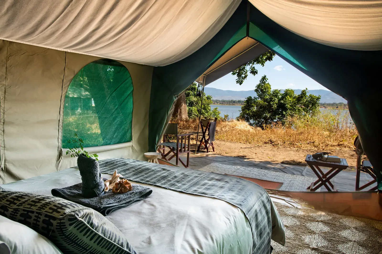 Double tent at Mana River Camp looking over the Zambezi