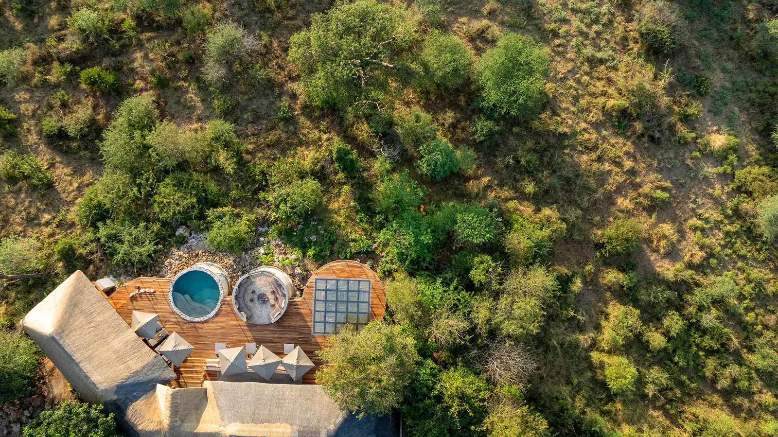 Aerial view of Ngoma Safari Lodge above the Chobe floodplain