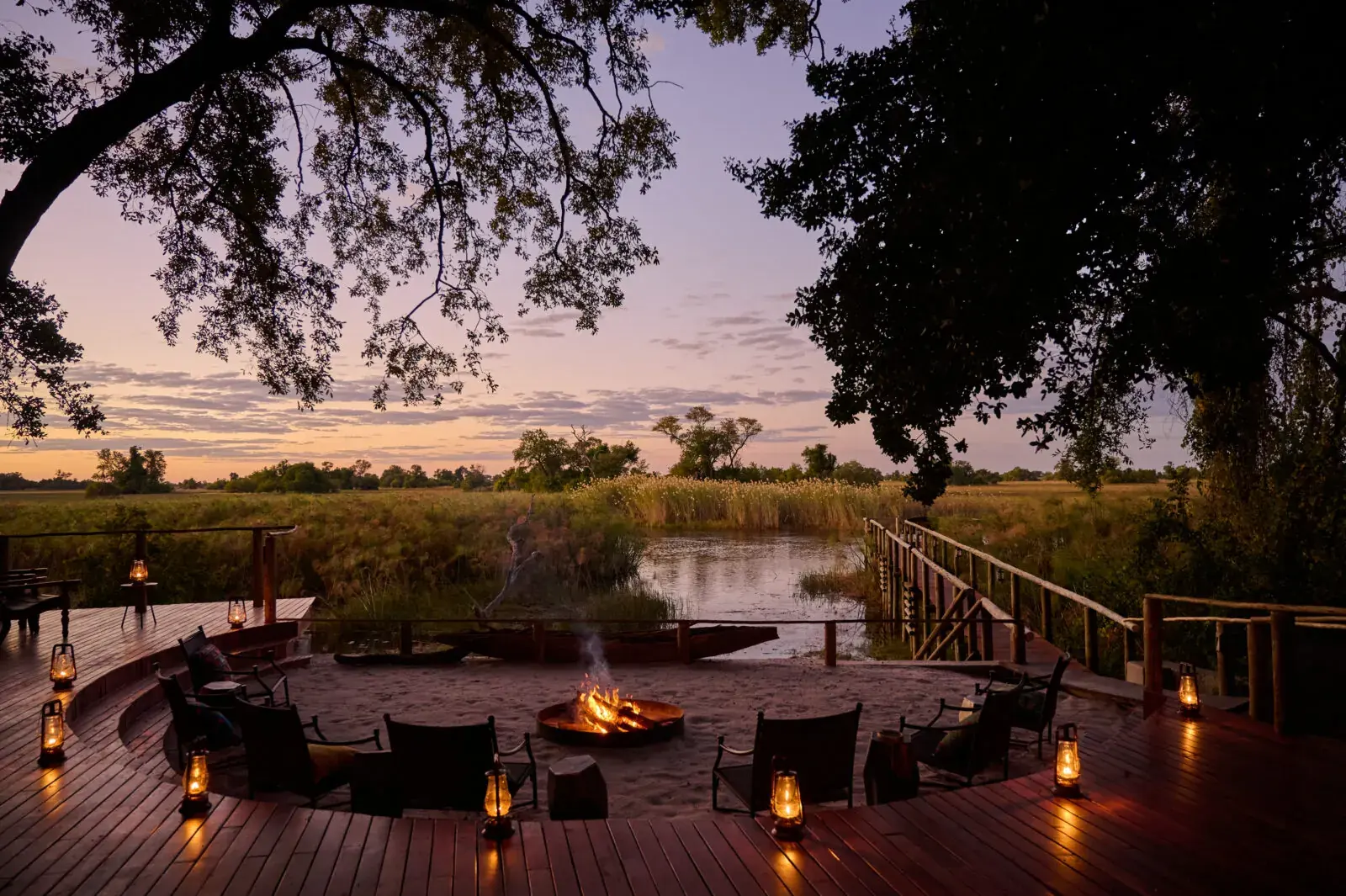 Fire pit at dusk at Nxamaseri Island Lodge