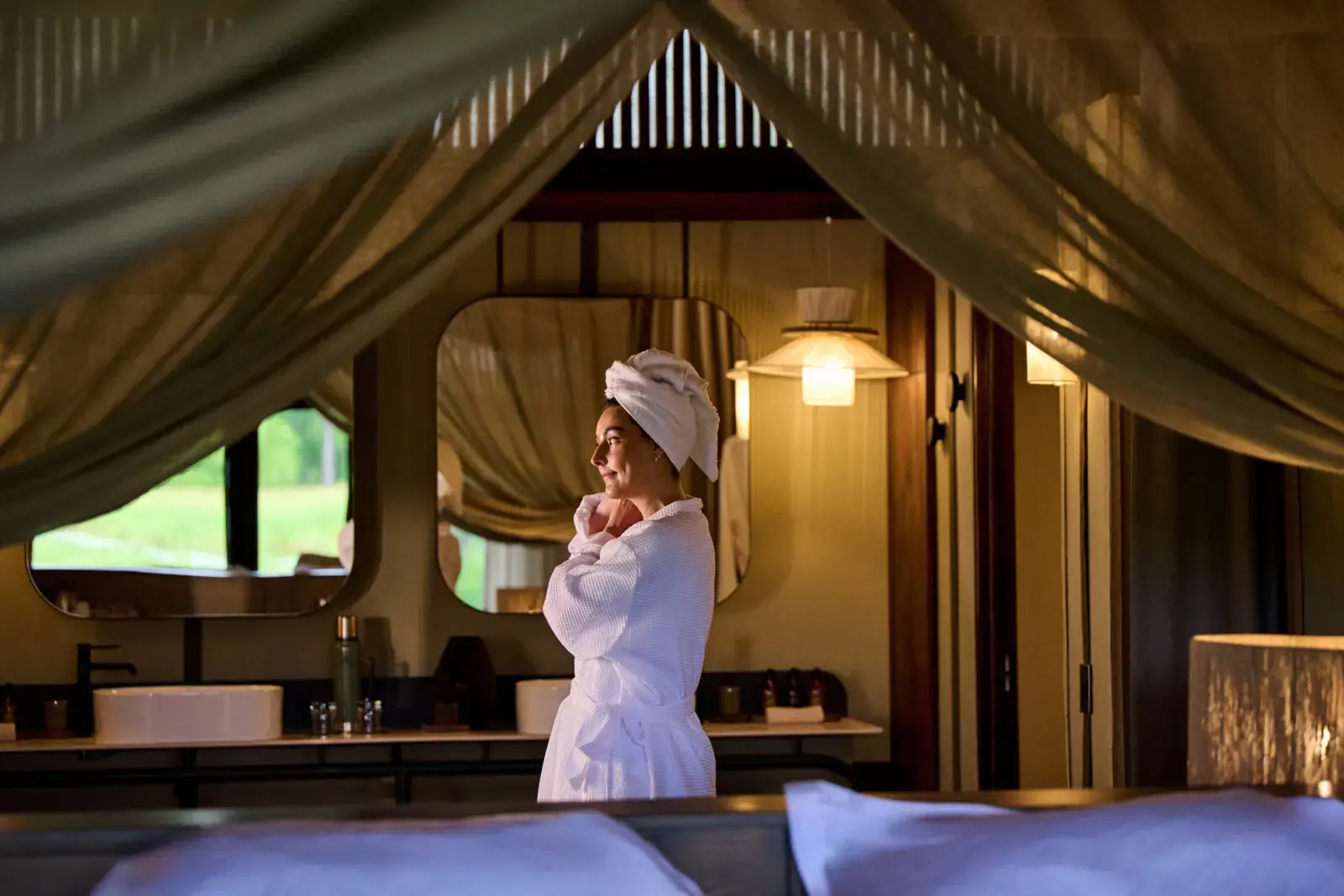 Inside a safari tent at Sediba Sa Rona