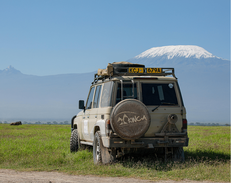 Four-wheel-drive safari vehicle parked on open grassland