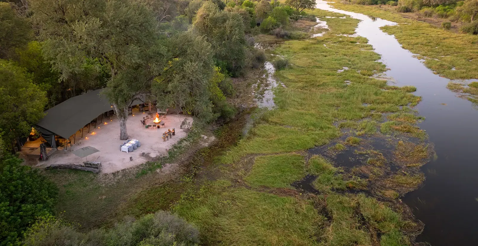 Aerial view of Machaba Camp beside the Khwai River