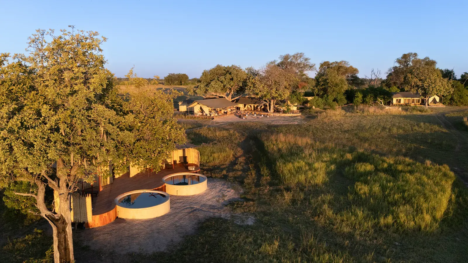 Aerial view of Monachira Camp beside the Monachira channel